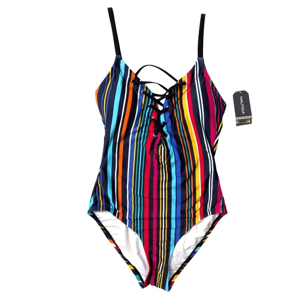 Nautica Womens Slimming Lace Up‎ One Piece Swimsuit Multicolor Stripe Small NWT